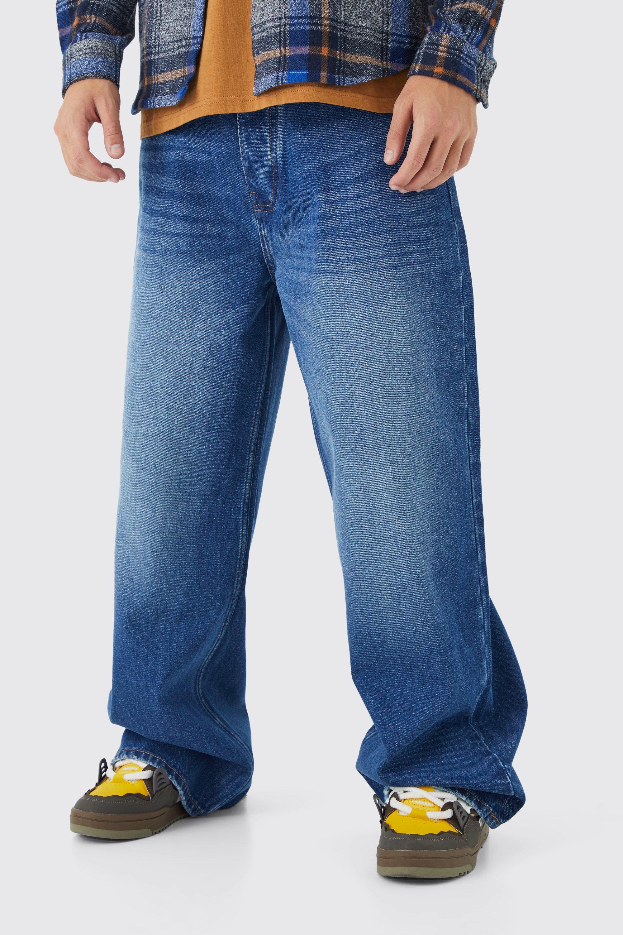 Mens Blue Extreme Baggy Rigid Double Waistband Jeans, Blue